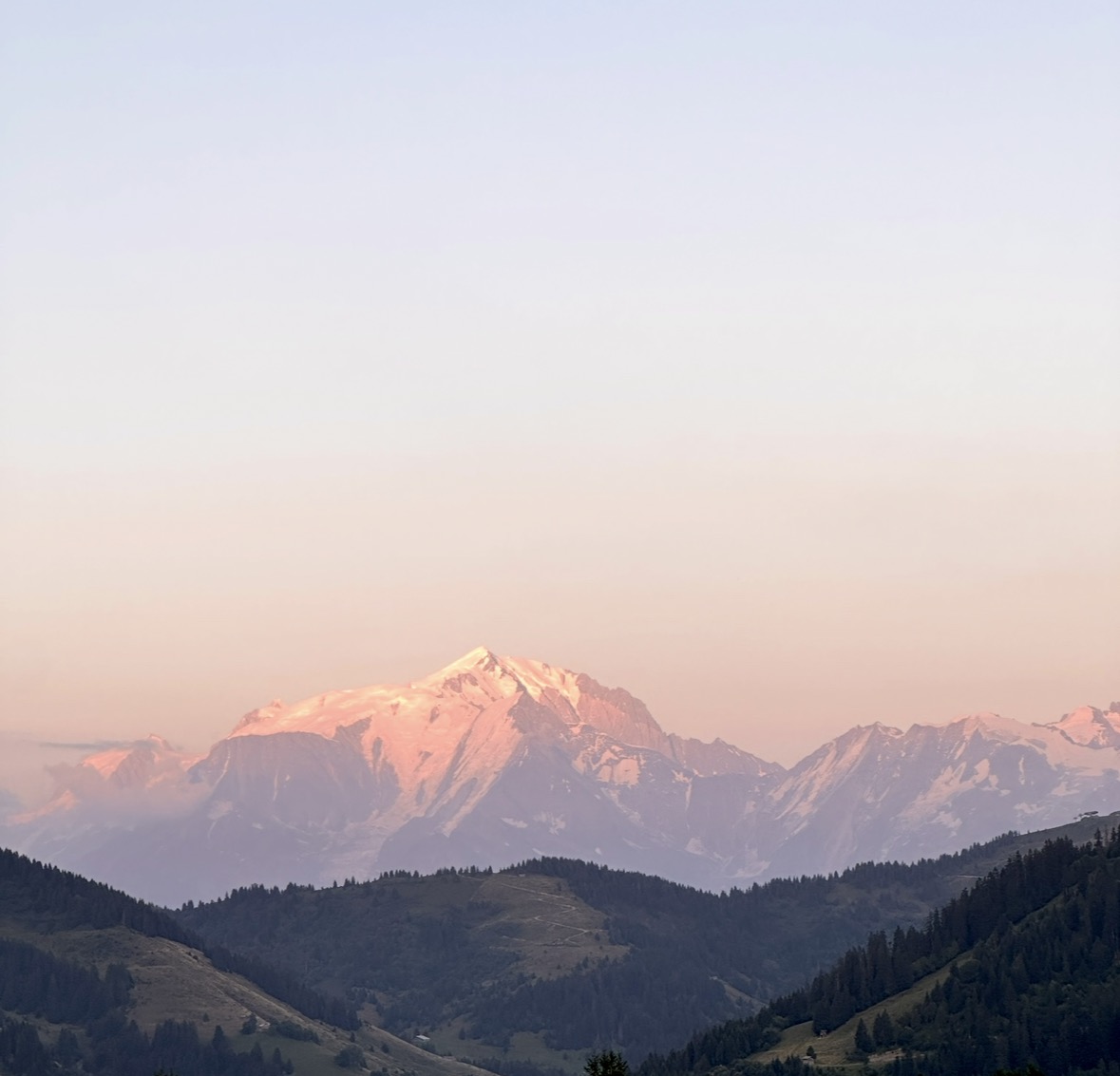 Una cima innevata illuminata di rosa, oltre i pendii e i boschi